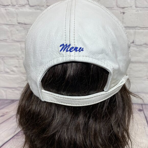 Vintage Mobil Oil Leather Hat Cap Strap Back White Blue Embroidered Pegasus Logo - Picture 3 of 10